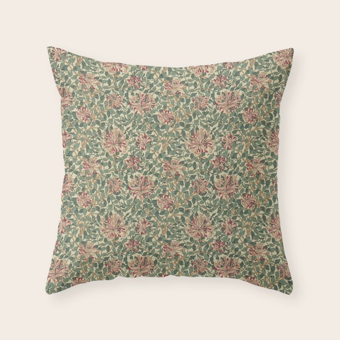 William Morris Vintage Honeysuckle Green Pink Throw Pillow Gallery Image 1