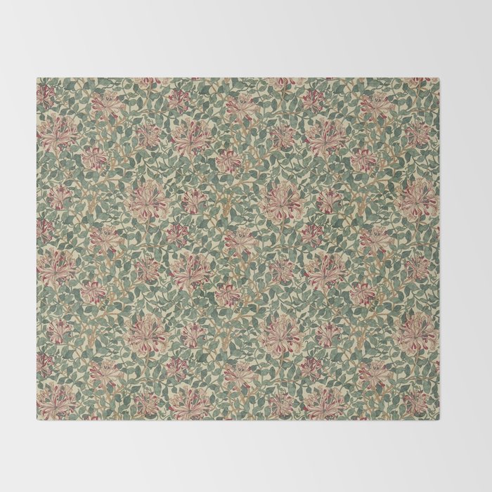 William Morris Vintage Honeysuckle Green Pink Throw Blanket Gallery Image 2