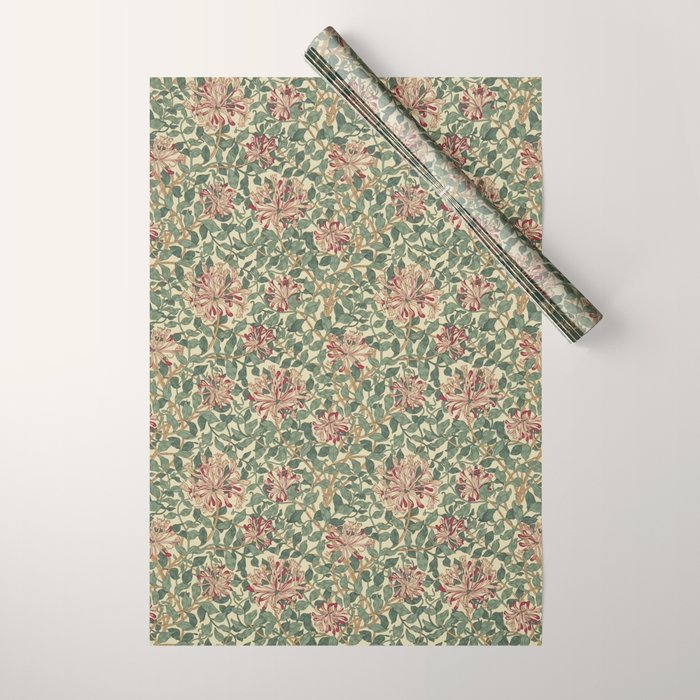 William Morris Vintage Honeysuckle Green Pink Wrapping Paper Gallery Image 1