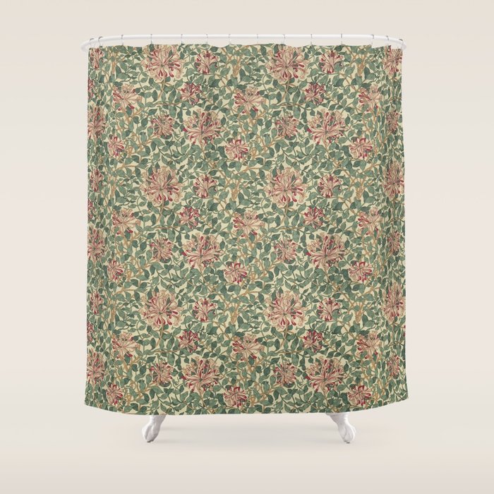 William Morris Vintage Honeysuckle Green Pink Shower Curtain Gallery Image 1