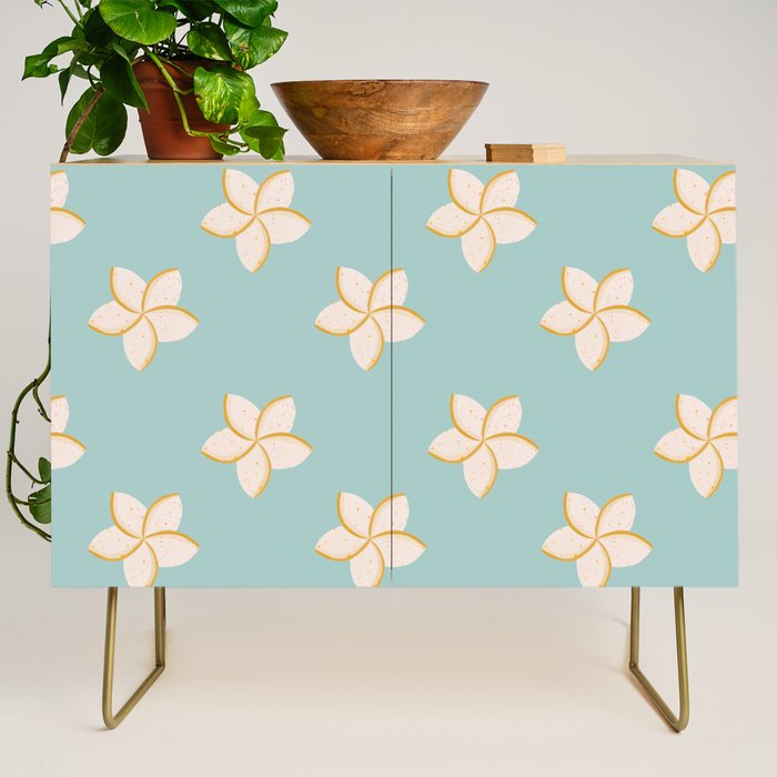White and turquoise plumeria flowers pattern Credenza Gallery Image 1