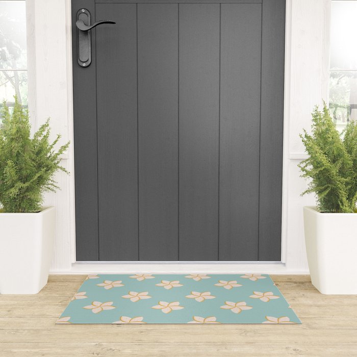 White and turquoise plumeria flowers pattern Welcome Mat Gallery Image 3