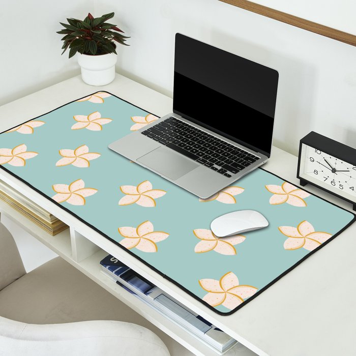 White and turquoise plumeria flowers pattern Desk Mat Gallery Image 2