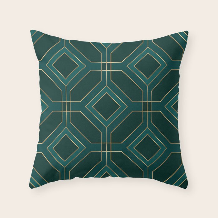 Art Deco Emerald Green & Gold Geometric Pattern Throw Pillow Gallery Image 6