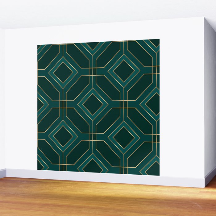Art Deco Emerald Green & Gold Geometric Pattern Wall Mural Gallery Image 2