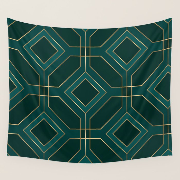 Art Deco Emerald Green & Gold Geometric Pattern Wall Tapestry Gallery Image 4