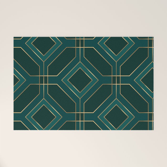 Art Deco Emerald Green & Gold Geometric Pattern Welcome Mat Gallery Image 1