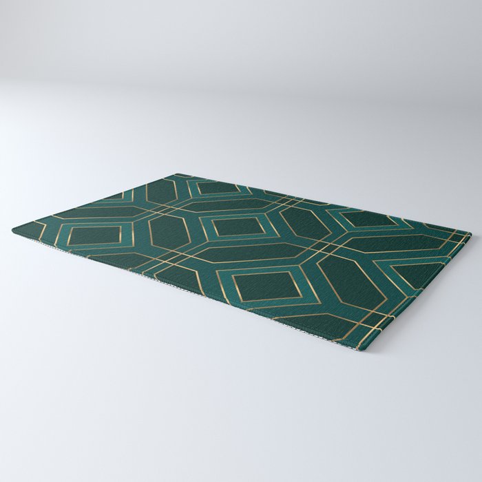 Art Deco Emerald Green & Gold Geometric Pattern Rug Gallery Image 3