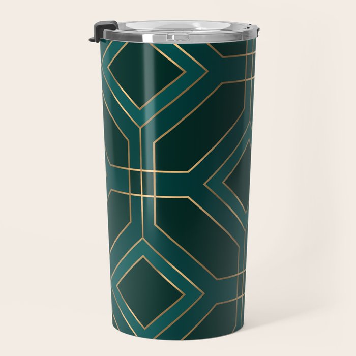 Art Deco Emerald Green & Gold Geometric Pattern Travel Mug Gallery Image 3