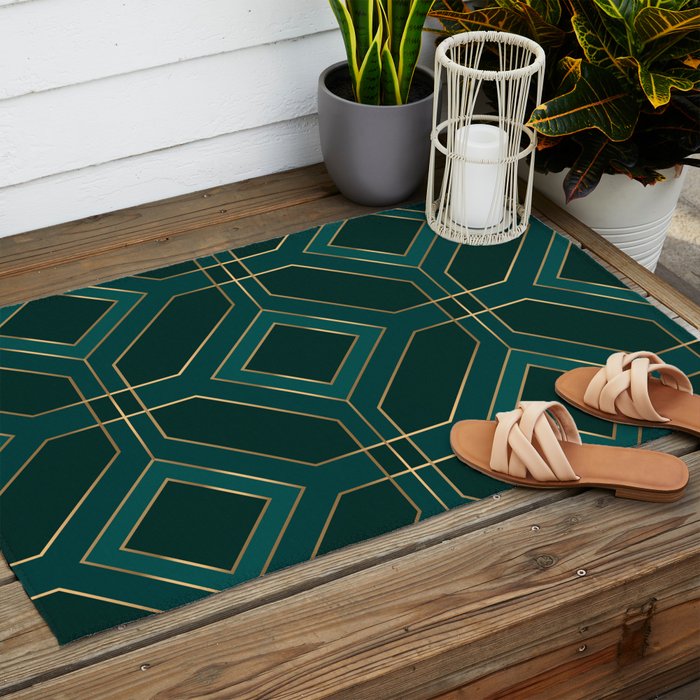 Art Deco Emerald Green & Gold Geometric Pattern Outdoor Rug Gallery Image 2