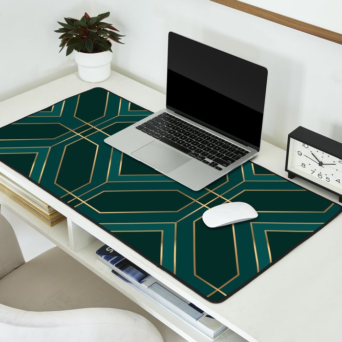 Art Deco Emerald Green & Gold Geometric Pattern Desk Mat Gallery Image 2
