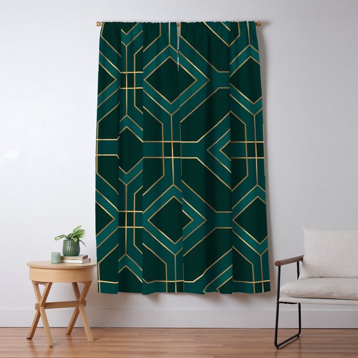 Art Deco Emerald Green & Gold Geometric Pattern Window Curtain Gallery Image 5