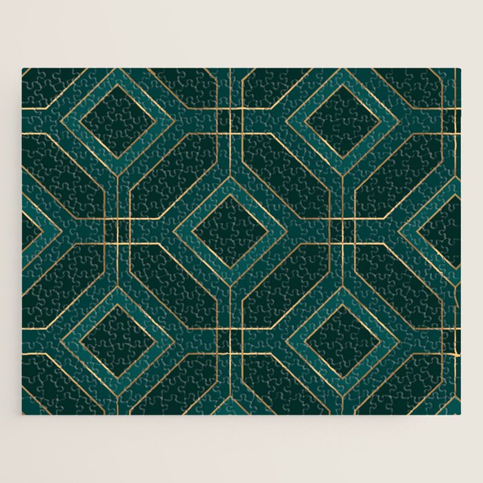 Art Deco Emerald Green & Gold Geometric Pattern Jigsaw Puzzle Gallery Image 1