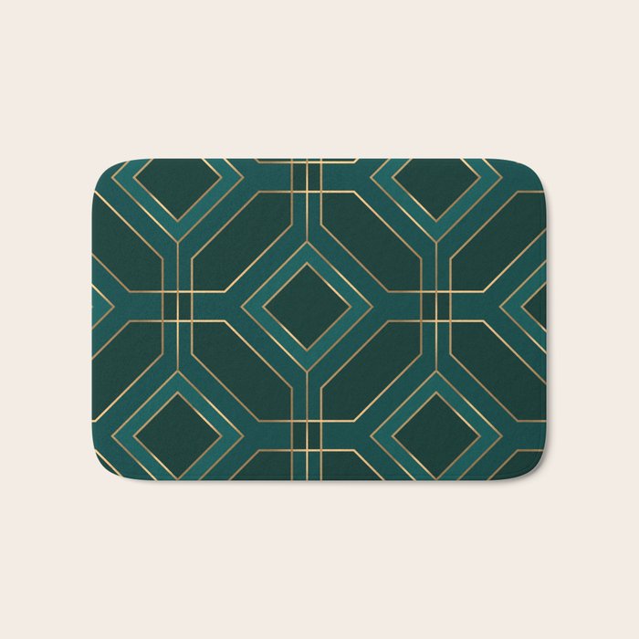 Art Deco Emerald Green & Gold Geometric Pattern Bath Mat Gallery Image 1