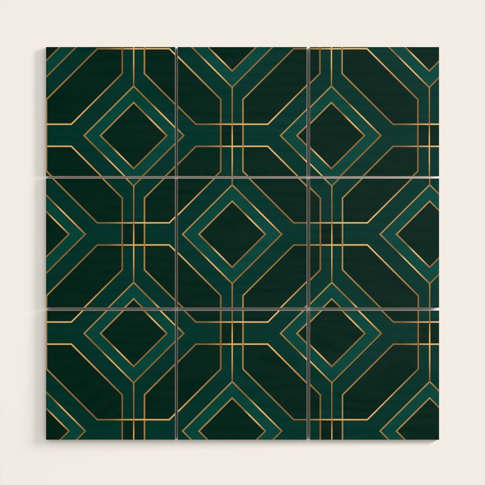 Art Deco Emerald Green & Gold Geometric Pattern Wood Wall Art Gallery Image 1