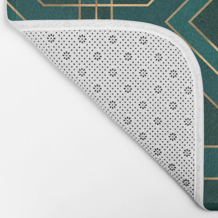 Art Deco Emerald Green & Gold Geometric Pattern Bath Mat Gallery Image 2