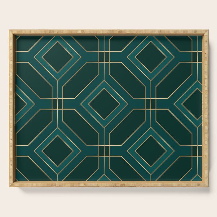 Art Deco Emerald Green & Gold Geometric Pattern Serving Tray Gallery Image 1