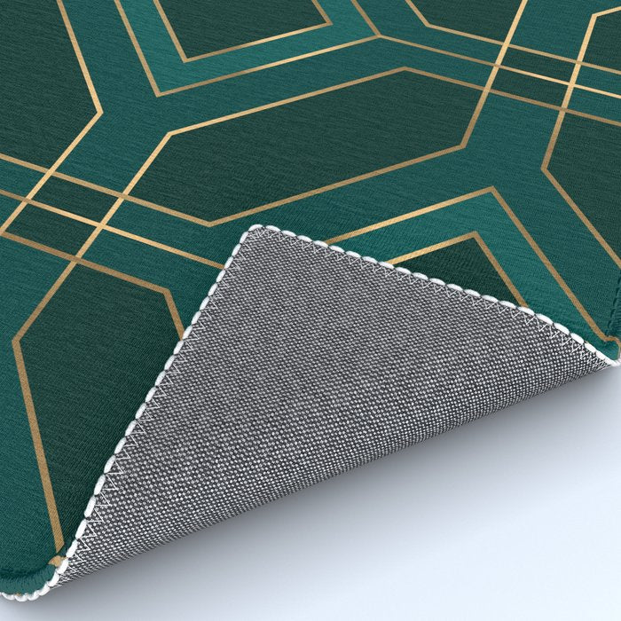 Art Deco Emerald Green & Gold Geometric Pattern Rug Gallery Image 4