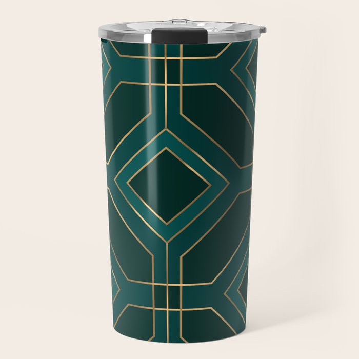 Art Deco Emerald Green & Gold Geometric Pattern Travel Mug Gallery Image 1