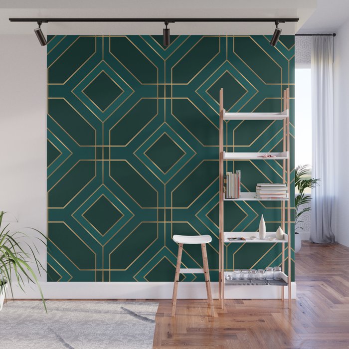 Art Deco Emerald Green & Gold Geometric Pattern Wall Mural Gallery Image 1