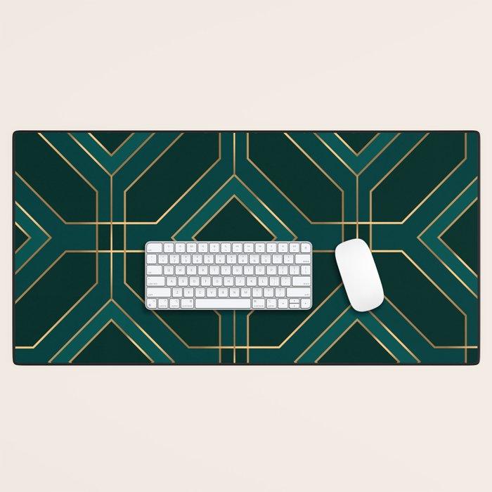 Art Deco Emerald Green & Gold Geometric Pattern Desk Mat Gallery Image 1