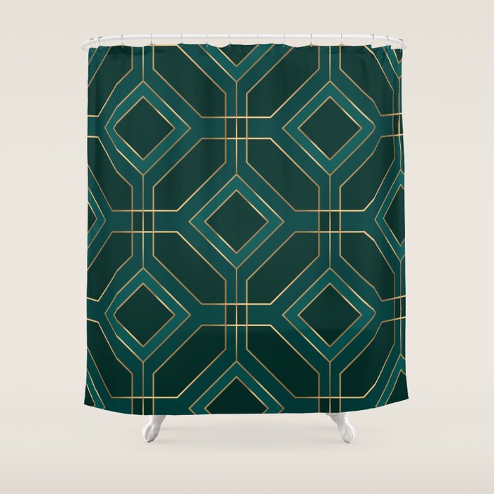 Art Deco Emerald Green & Gold Geometric Pattern Shower Curtain Gallery Image 1