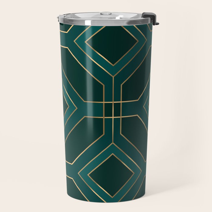 Art Deco Emerald Green & Gold Geometric Pattern Travel Mug Gallery Image 2