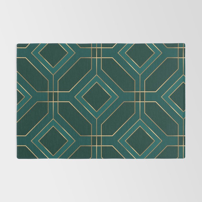 Art Deco Emerald Green & Gold Geometric Pattern Rug Gallery Image 2
