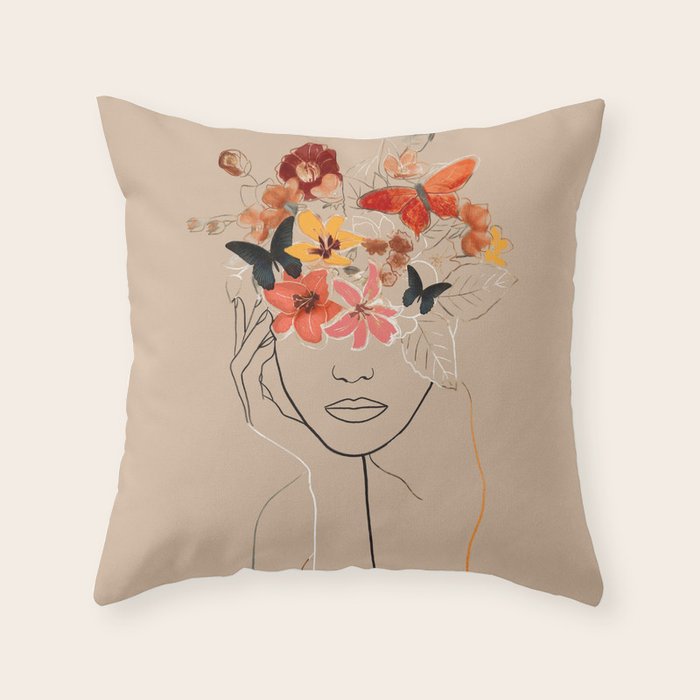 WOMAN WITH FLOWERS 7 Line Art  Throw Pillow Gallery Image 6