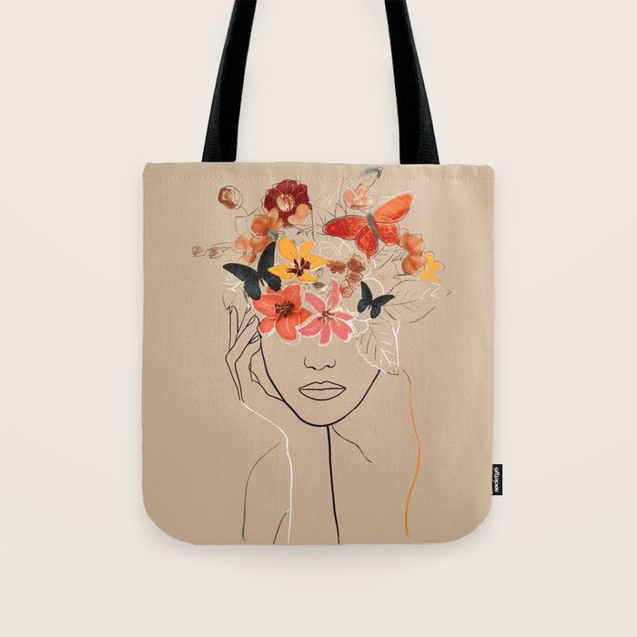 WOMAN WITH FLOWERS 7 Line Art  Tote Bag Gallery Image 1