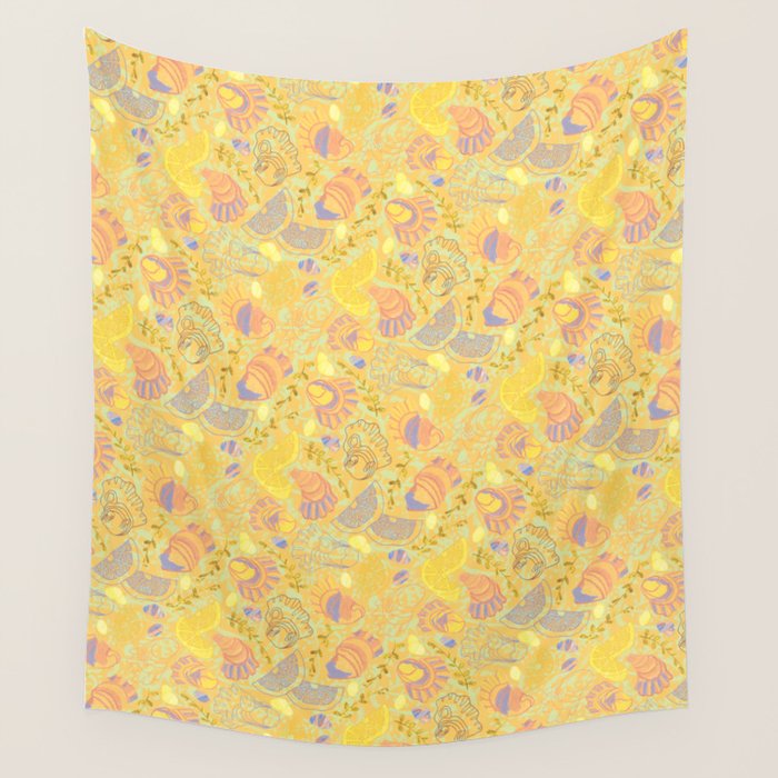 Coastal Oysters on the Beach in Pastel Yellow & Orange Wall Tapestry Gallery Image 4