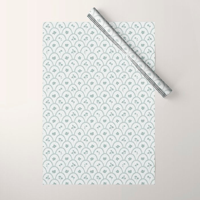 Rustic scallop floral block print - dusty mint pastel green pattern Wrapping Paper Gallery Image 1