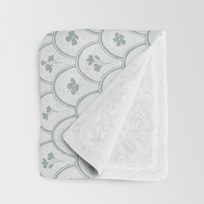 Rustic scallop floral block print - dusty mint pastel green pattern Throw Blanket Gallery Image 3