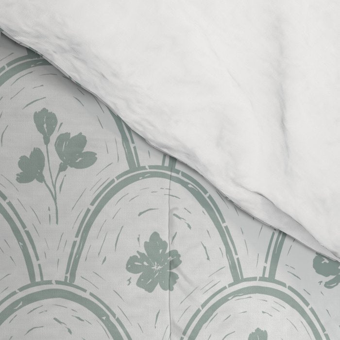 Rustic scallop floral block print - dusty mint pastel green pattern Comforter Gallery Image 4
