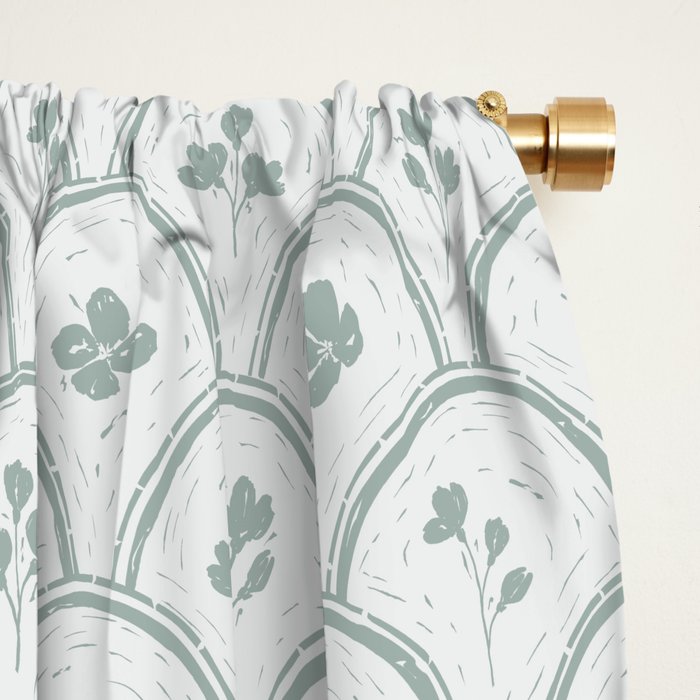Rustic scallop floral block print - dusty mint pastel green pattern Window Curtain Gallery Image 2