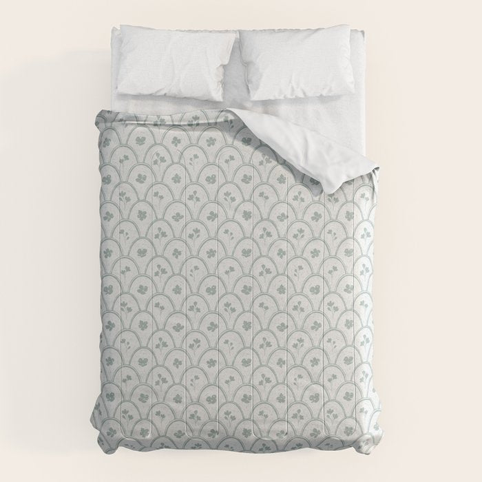 Rustic scallop floral block print - dusty mint pastel green pattern Comforter Gallery Image 1