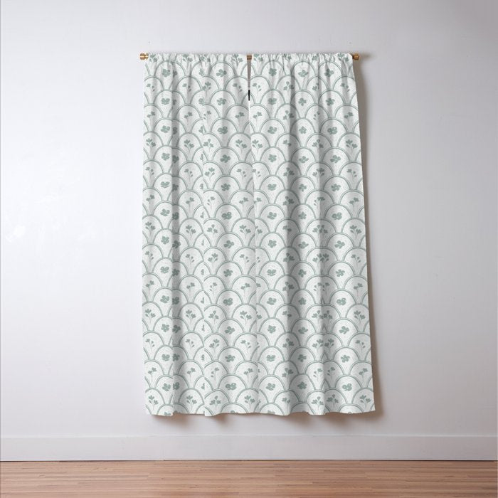 Rustic scallop floral block print - dusty mint pastel green pattern Window Curtain Gallery Image 3