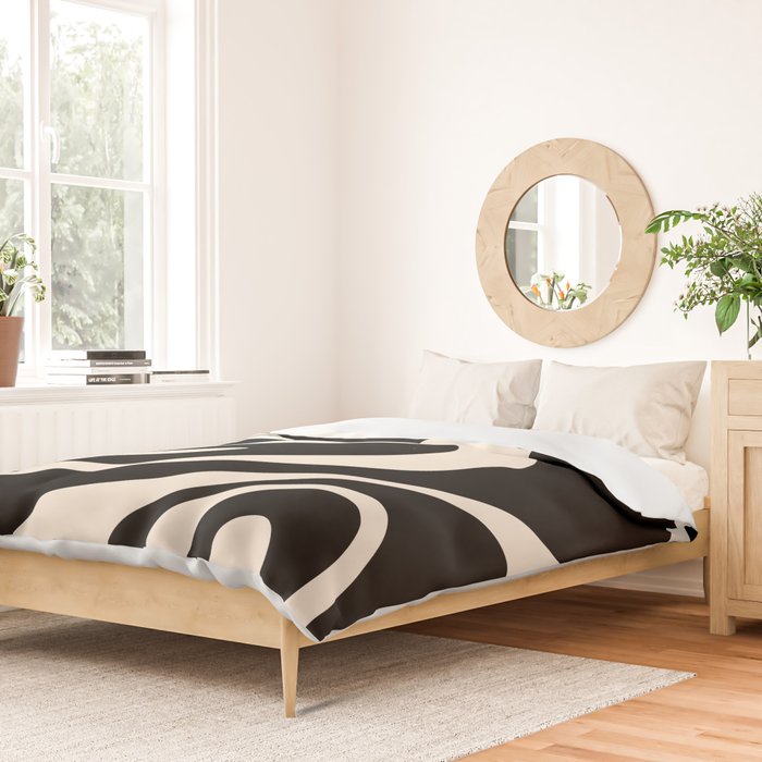 Mellow Flow Retro 60s 70s Abstract Pattern in Black and Almond Cream Duvet Cover Gallery Image 2