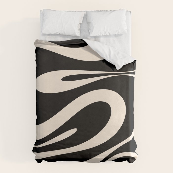 Mellow Flow Retro 60s 70s Abstract Pattern in Black and Almond Cream Duvet Cover Gallery Image 1