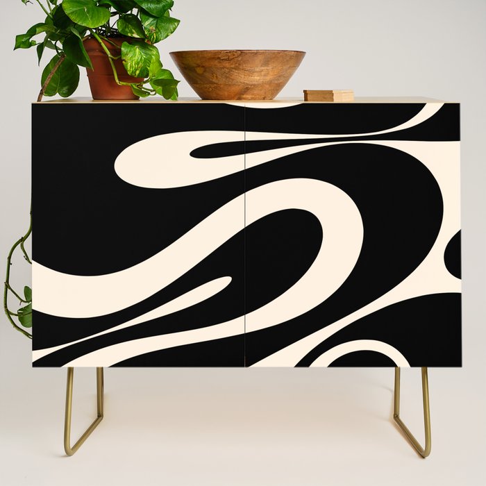 Mellow Flow Retro 60s 70s Abstract Pattern in Black and Almond Cream Credenza Gallery Image 1