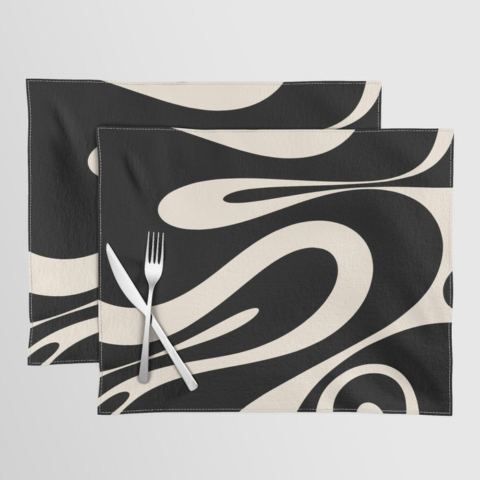 Mellow Flow Retro 60s 70s Abstract Pattern in Black and Almond Cream Placemat Gallery Image 1
