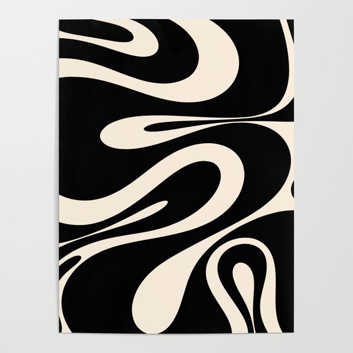 Mellow Flow Retro 60s 70s Abstract Pattern in Black and Almond Cream Poster Gallery Image 1