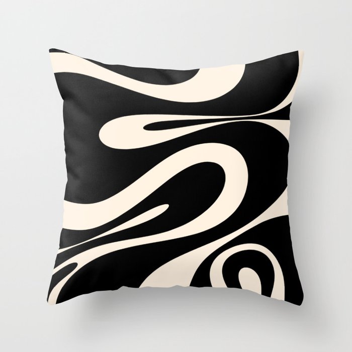 Mellow Flow Retro 60s 70s Abstract Pattern in Black and Almond Cream Throw Pillow Gallery Image 6