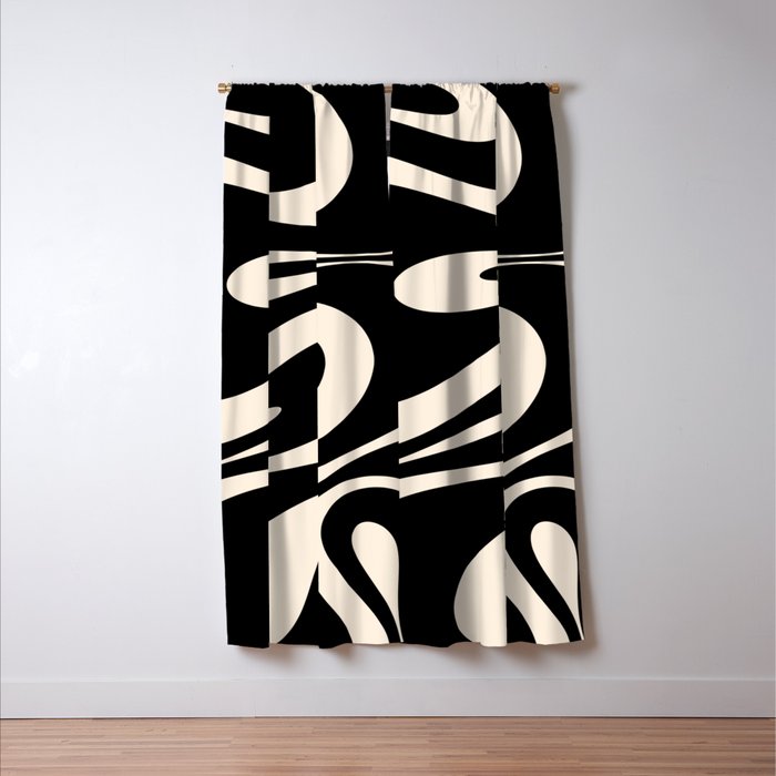 Mellow Flow Retro 60s 70s Abstract Pattern in Black and Almond Cream Window Curtain Gallery Image 3