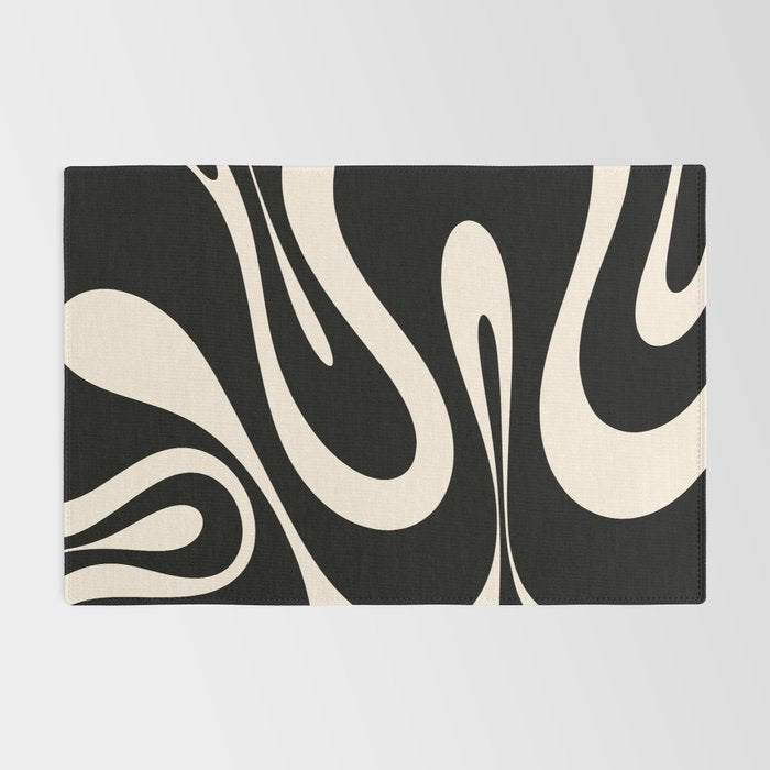Mellow Flow Retro 60s 70s Abstract Pattern in Black and Almond Cream Rug Gallery Image 2