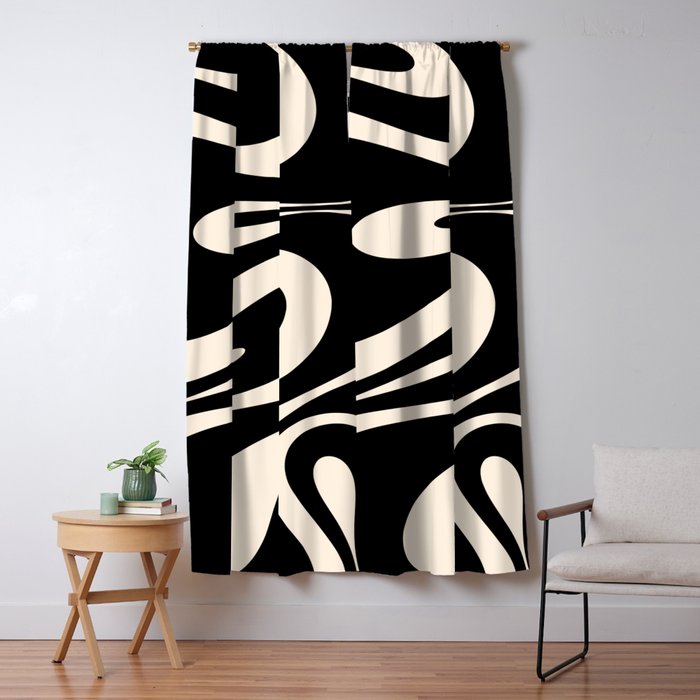 Mellow Flow Retro 60s 70s Abstract Pattern in Black and Almond Cream Window Curtain Gallery Image 1