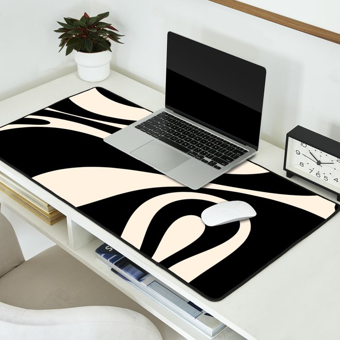 Mellow Flow Retro 60s 70s Abstract Pattern in Black and Almond Cream Desk Mat Gallery Image 2