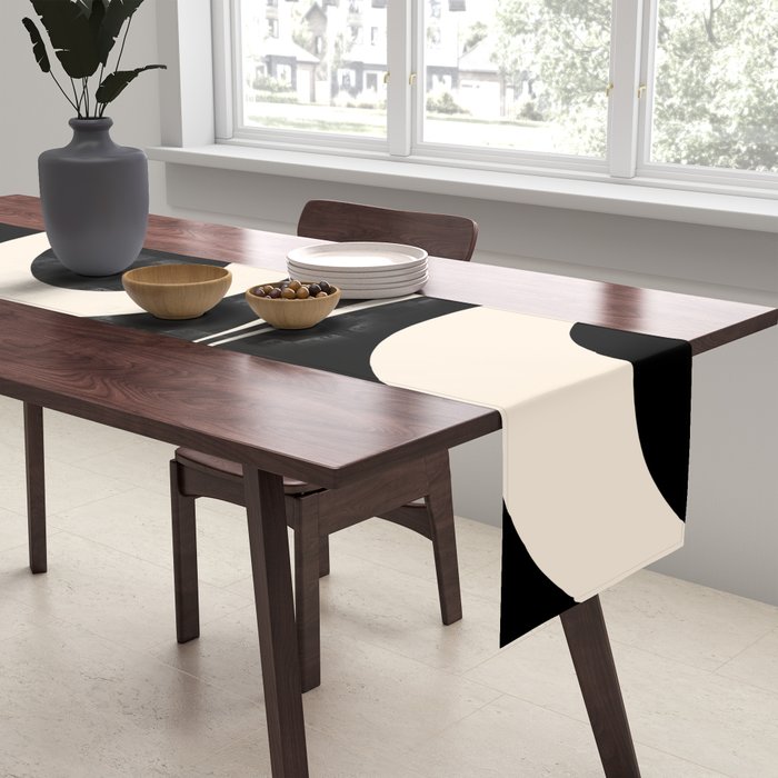 Mellow Flow Retro 60s 70s Abstract Pattern in Black and Almond Cream Table Runner Gallery Image 2