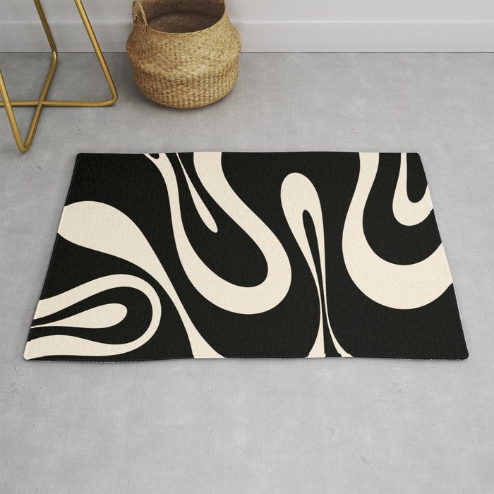 Mellow Flow Retro 60s 70s Abstract Pattern in Black and Almond Cream Rug Gallery Image 1