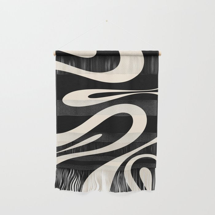 Mellow Flow Retro 60s 70s Abstract Pattern in Black and Almond Cream Wall Hanging Gallery Image 1